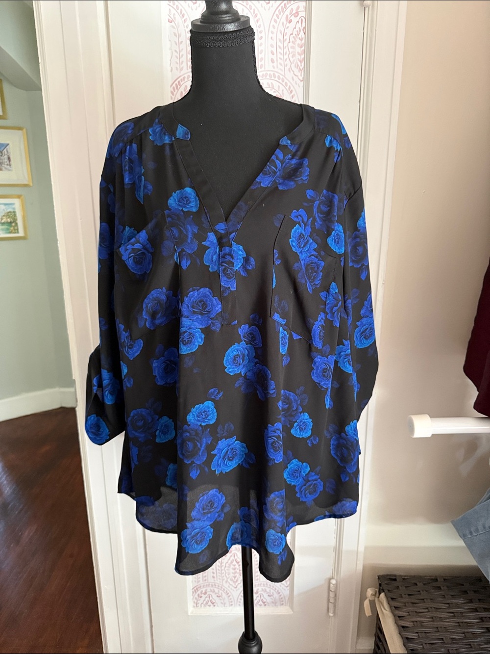 Women’s Black Blouse with Blue Floral Print